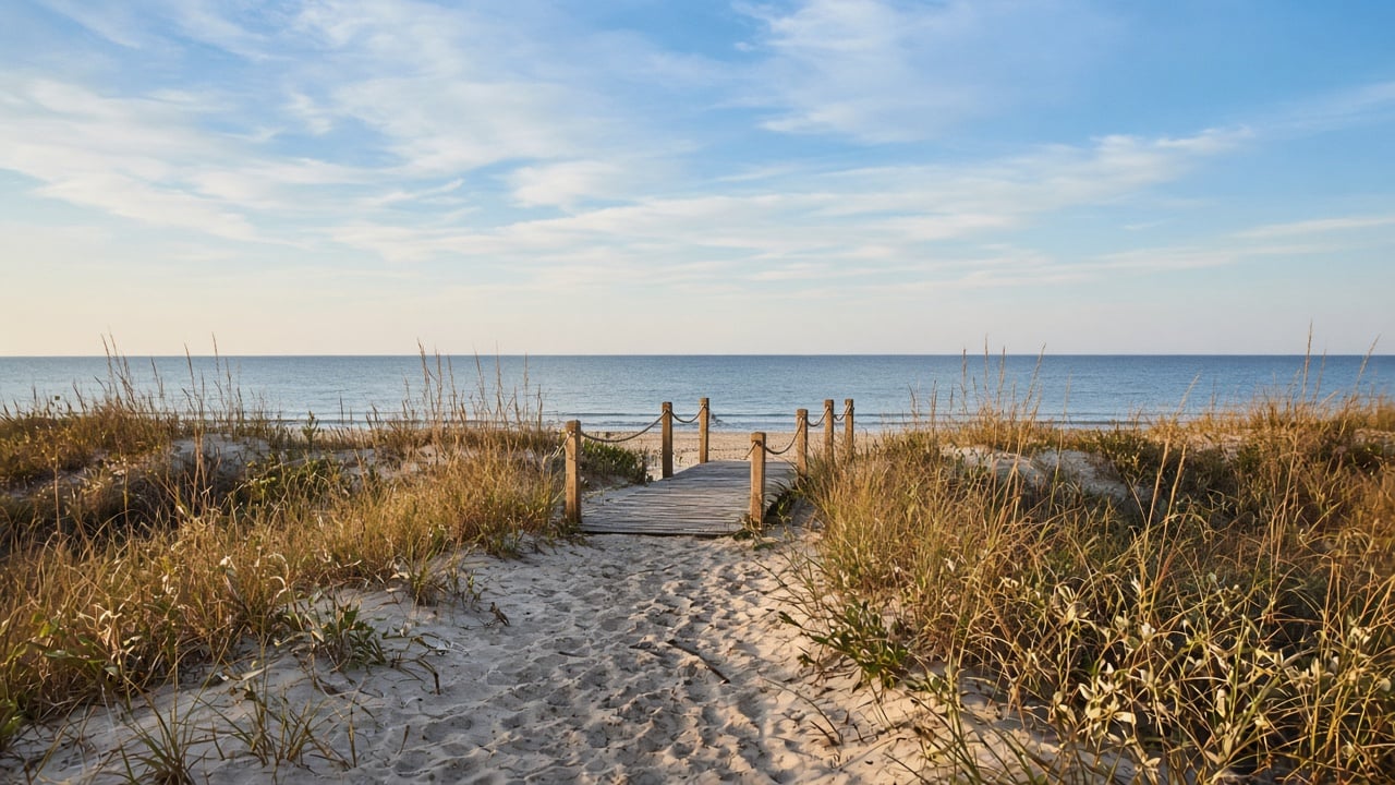 Weathered wooden beach access walkway with rope railings leading through sea oats and dune grass to a calm ocean under a soft blue autumn sky