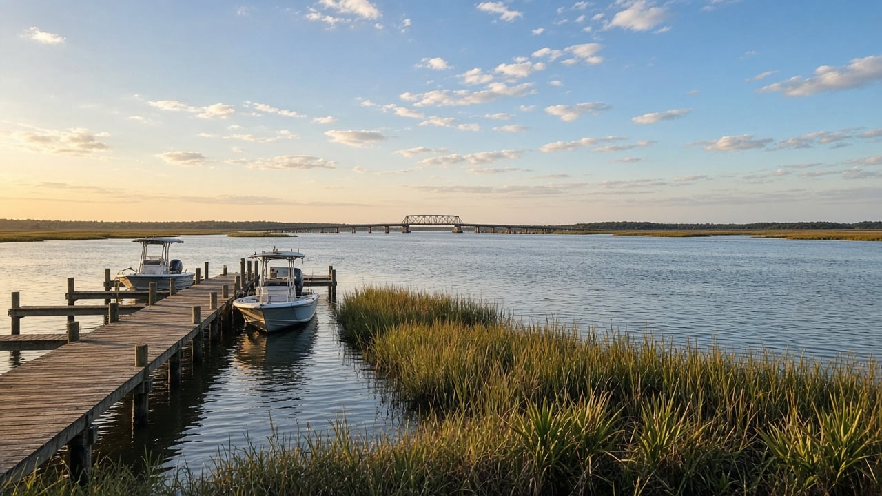 A calm sound-side waterfront on a North Carolina barrier island at golden hour, with a weathered wooden dock, two small fishing boats tied up, marsh grass along the shore, and a low bridge on the horizon across the water
