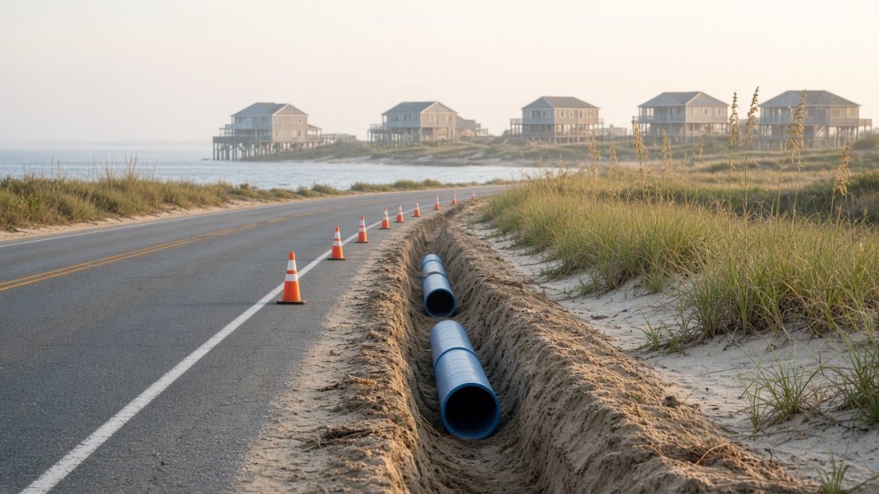 Coastal barrier island road with orange traffic cones and a roadside trench holding new blue water pipe, with sea oats, dunes, and raised beach cottages in the distance