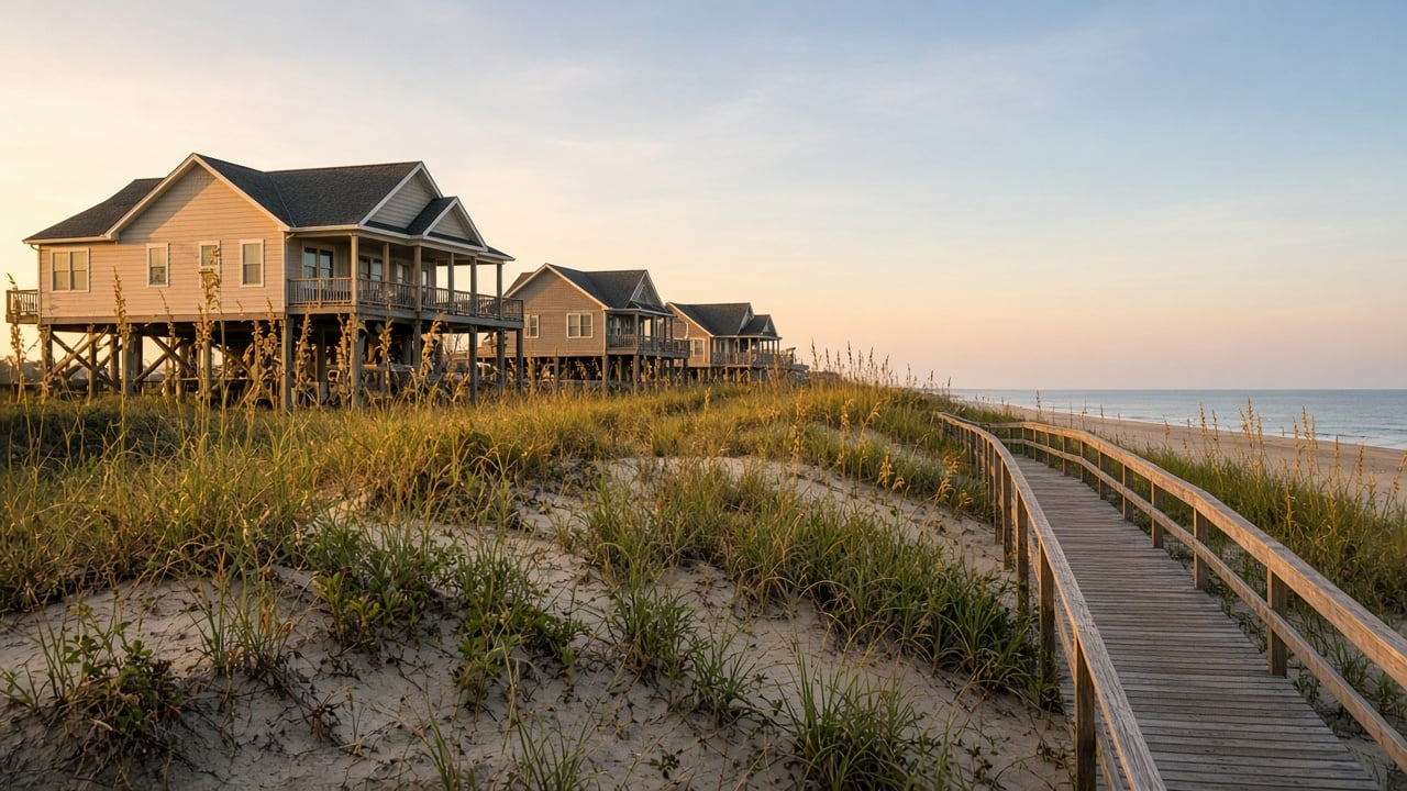 Raised wooden beach cottages on pilings behind grassy sand dunes on a quiet barrier island at golden hour, with a boardwalk leading to the ocean