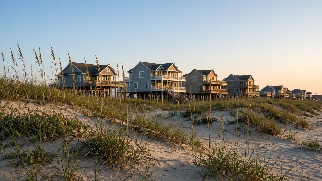Elevated coastal beach homes on pilings behind sea oats and dunes on a North Carolina barrier island under a clear late-afternoon sky