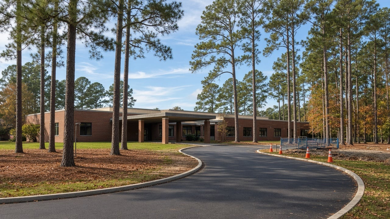 Single-story brick school building with a covered entrance surrounded by tall longleaf pines on a sunny autumn day, with an empty curving drop-off loop and orange traffic cones beside a temporary construction fence