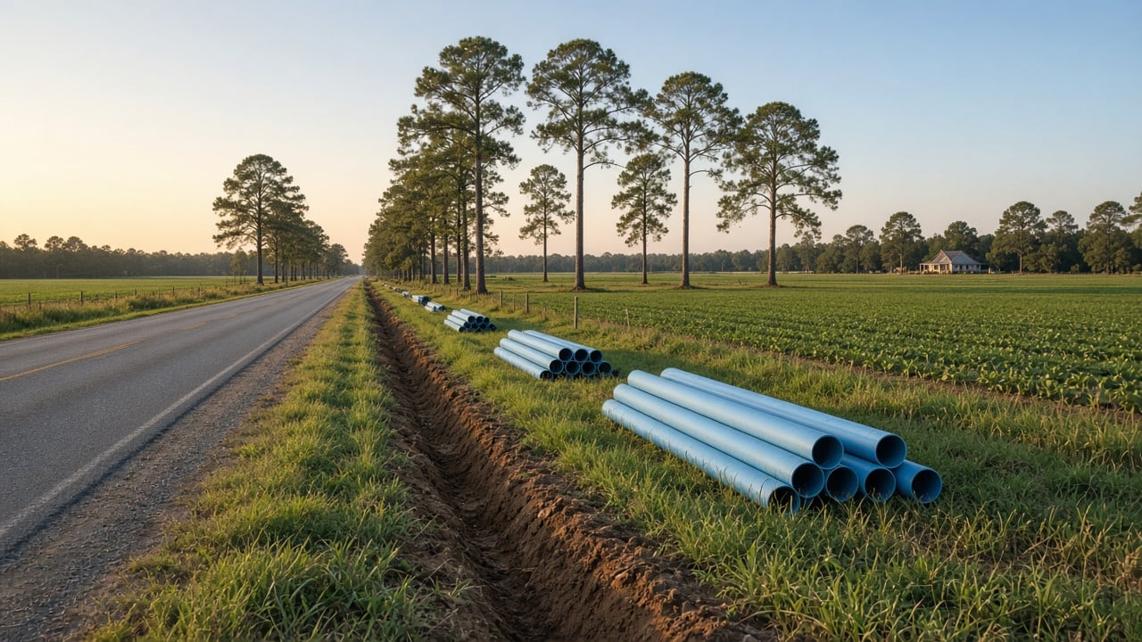 Rural two-lane road in western Pender County at golden hour, with a freshly dug trench and stacked blue water pipes along the grassy shoulder beside open farm fields and tall longleaf pines