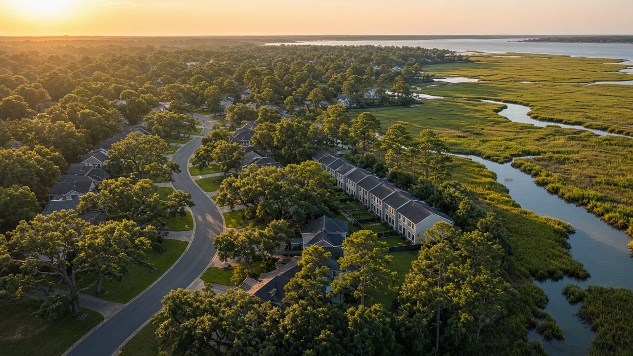 Aerial view at golden hour of a coastal North Carolina neighborhood with live oak-lined streets, single-family homes, and a row of townhomes beside a winding tidal creek and salt marsh