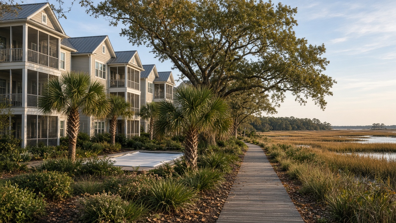 Three-story coastal condominium buildings with screened porches and metal roofs beside a landscaped courtyard with palmetto palms, a live oak, and a covered pool, with a wooden boardwalk leading along a golden salt marsh at sunset
