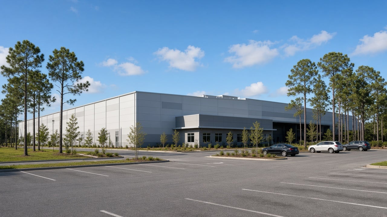 Large modern industrial manufacturing facility with a wide paved parking area and young landscaping under a clear blue sky in coastal North Carolina, with pine trees along the edge of the property
