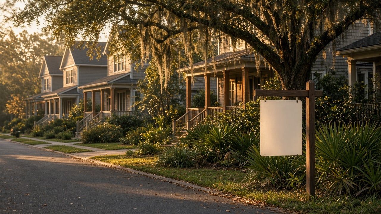 Quiet coastal North Carolina street at golden hour with gray-sided craftsman homes, front porches, live oaks draped in Spanish moss, palmetto shrubs, and a blank yard sign post