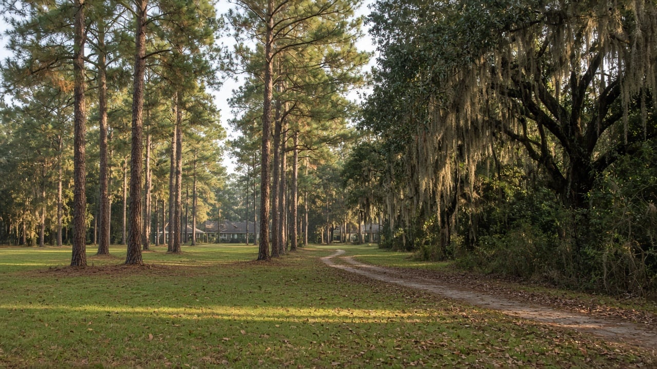 Sunlit grassy meadow bordered by tall longleaf pines and moss-draped live oaks, with a dirt walking path curving into the woods and a few low suburban rooftops far in the background