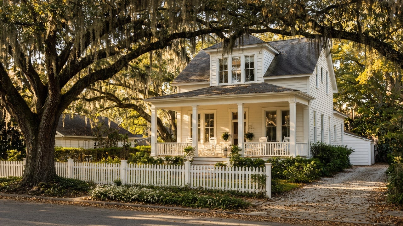 White two-story coastal cottage with a rocking-chair front porch, white picket fence, and gravel driveway under live oaks draped in Spanish moss on a quiet residential street in warm autumn afternoon light