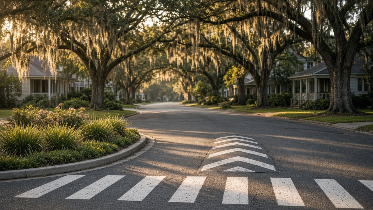 A quiet tree-lined residential street in coastal North Carolina with a raised speed hump, a curb extension with landscaping, and a freshly painted crosswalk beneath live oaks in soft morning light