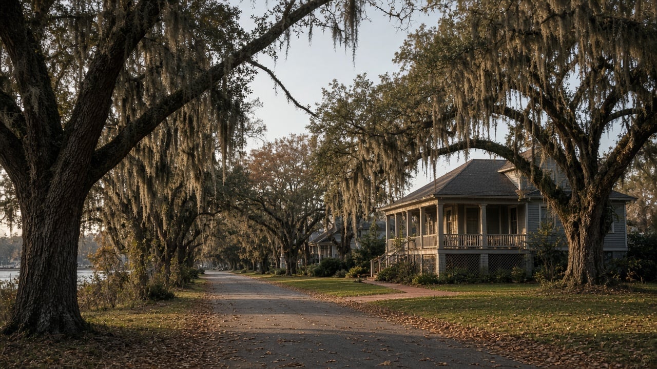 Quiet coastal Carolina lane in late autumn lined with live oaks draped in Spanish moss, fallen leaves on the lawn, and a raised porch home under soft evening light