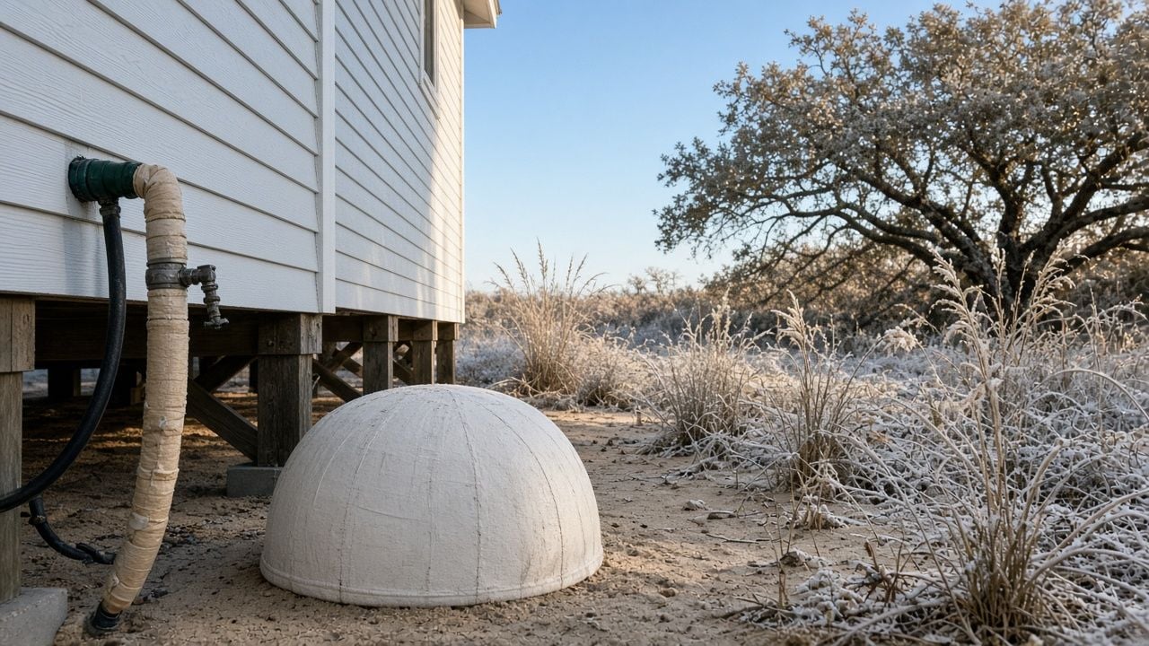 Side of a white raised coastal home on wooden pilings with an insulated outdoor water pipe and a dome-shaped fiberglass backflow preventer cover on sandy ground, with frosted dune grasses and a live oak under a clear winter morning sky