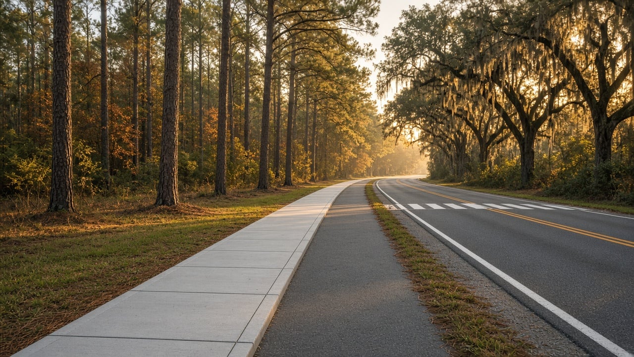 A new concrete sidewalk and paved multi-use path running beside a quiet two-lane road lined with tall pines and moss-draped live oaks in golden autumn morning light in coastal North Carolina