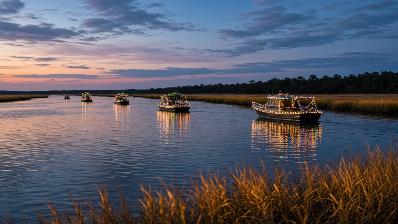 Decorated boats with strings of colorful holiday lights reflected on calm channel water at dusk, with marsh grass and a quiet waterfront in the background