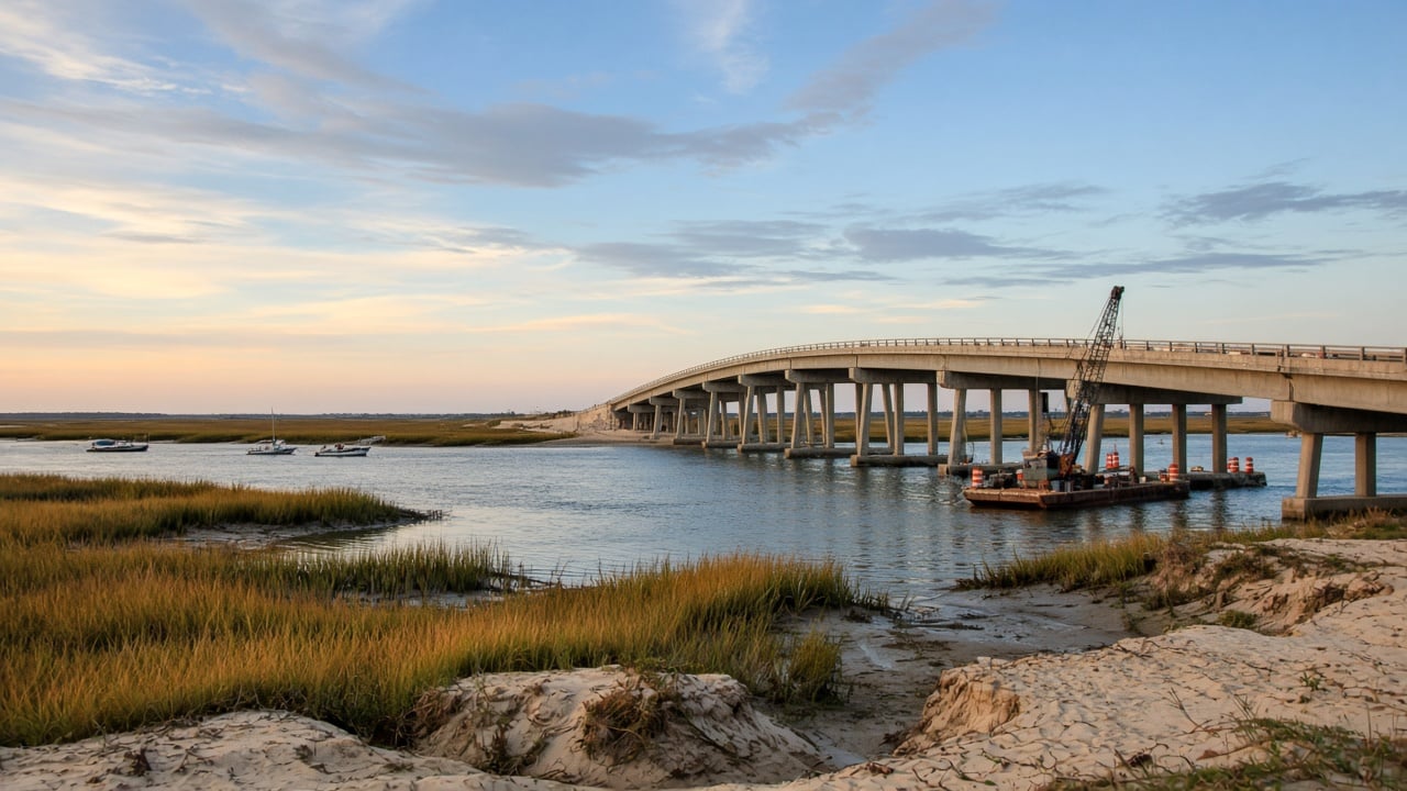 Long concrete coastal bridge crossing a calm tidal channel at golden hour, with marsh grass and sandy banks in the foreground, small boats moored in the distance, and a construction barge with a crane and orange barrels beside the bridge