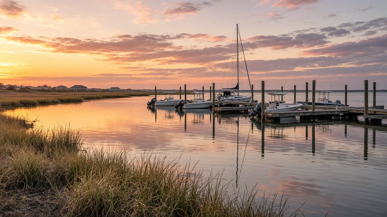 Calm sound-side marina at sunset with a sailboat and small fishing boats tied to wooden docks, marsh grass in the foreground, and pink and orange clouds reflected in still water