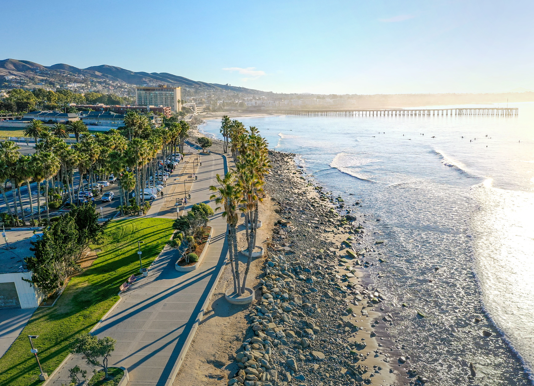 Aerial view of Ventura coastline and beach promenade