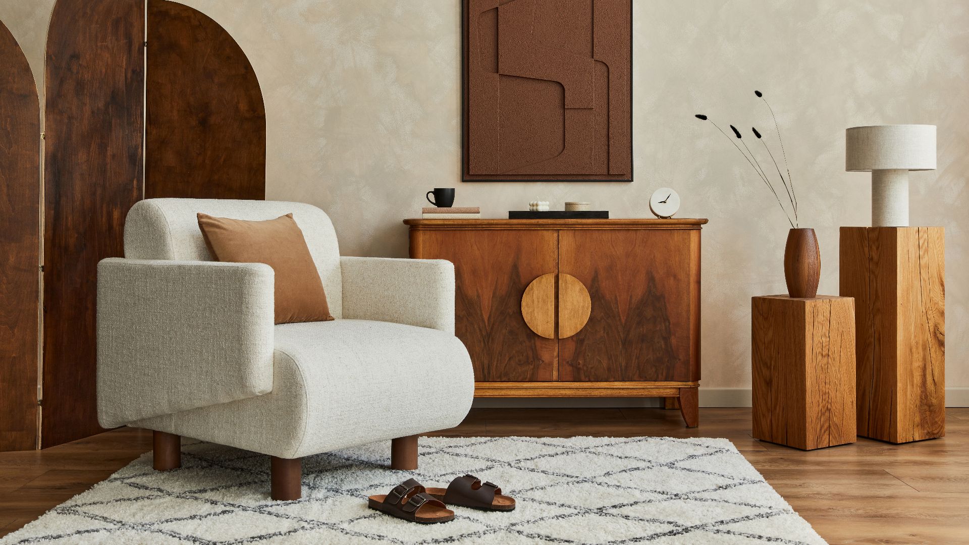 Stylish composition of modern cozy living room interior