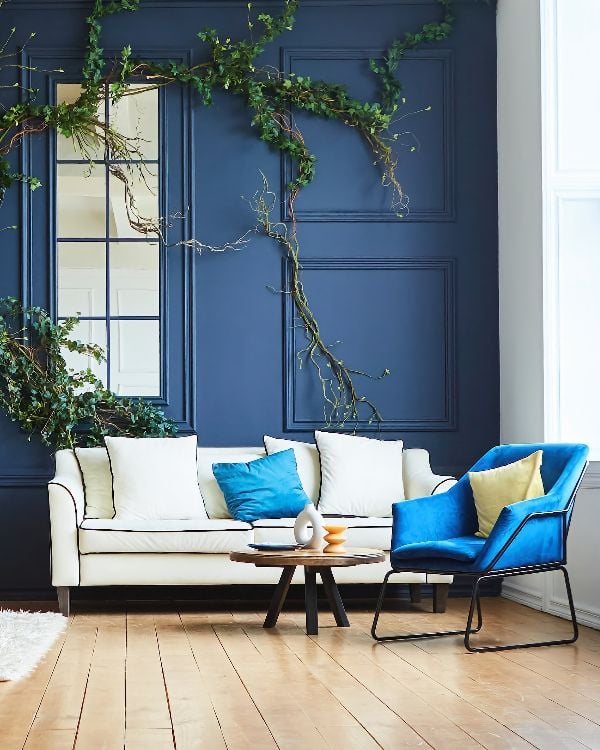 Loft-style interior design, blue and white colors