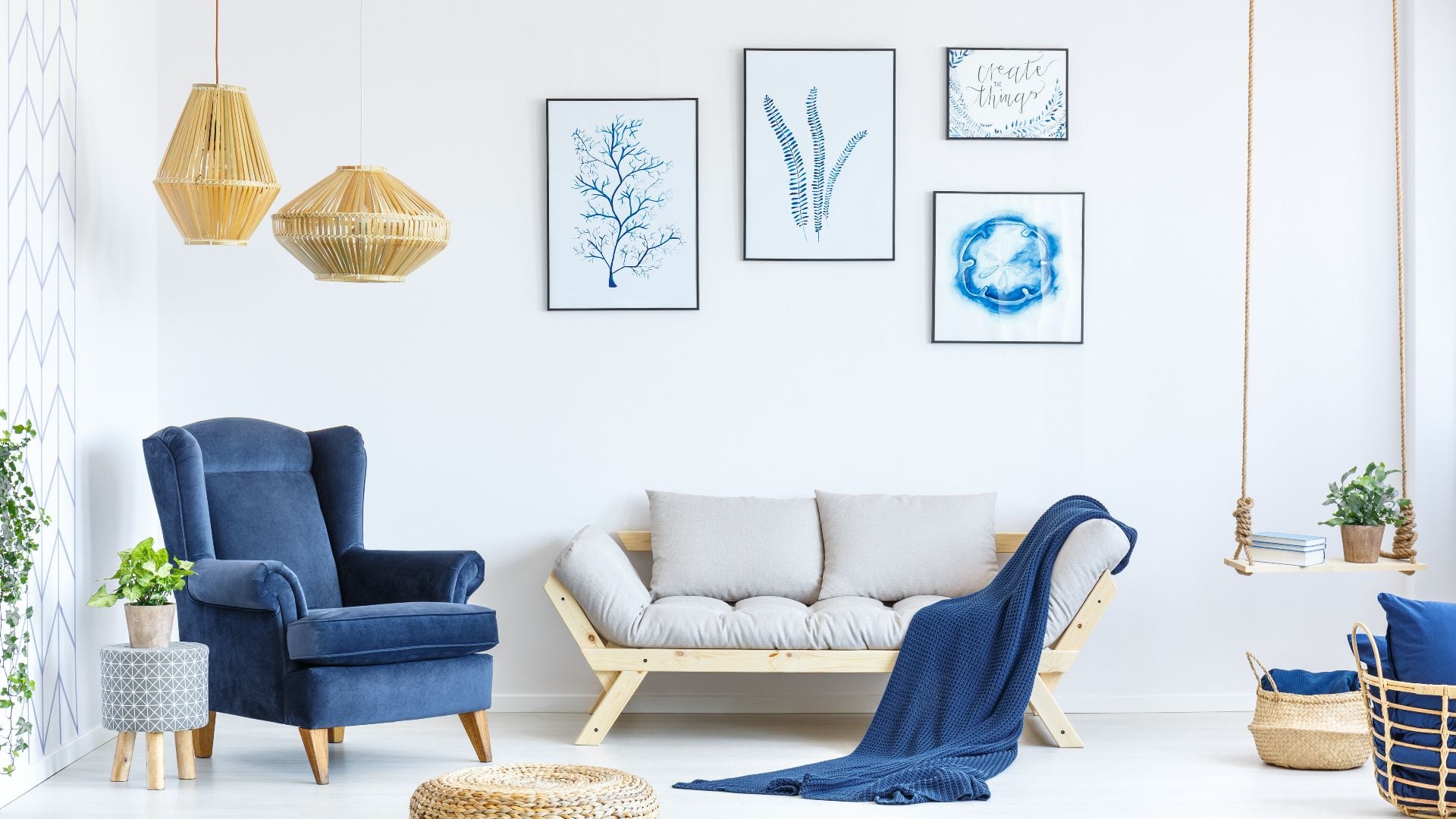 White and blue living room