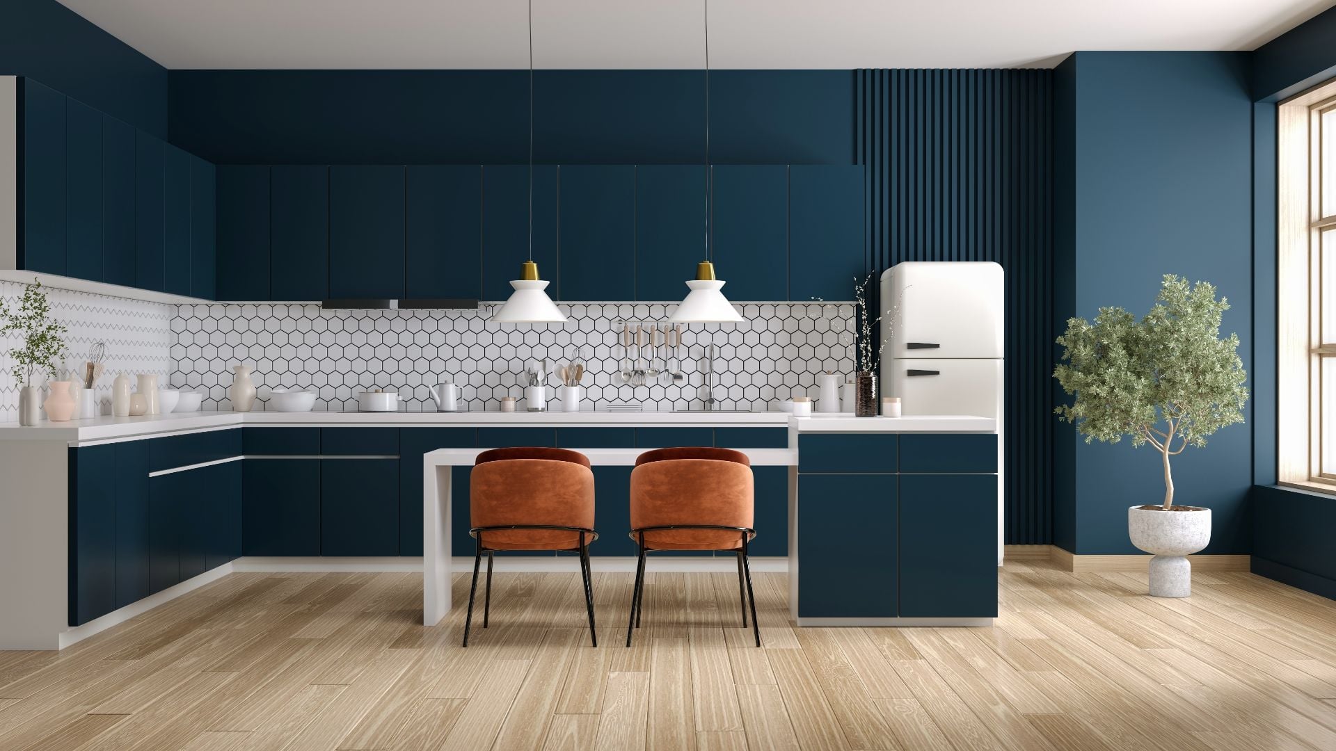 Blue kitchen room interior