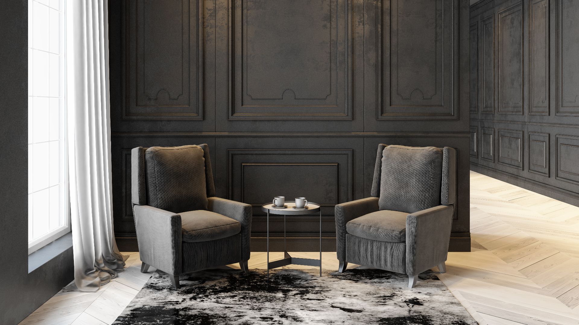 Armchairs and coffee table in classic black interior