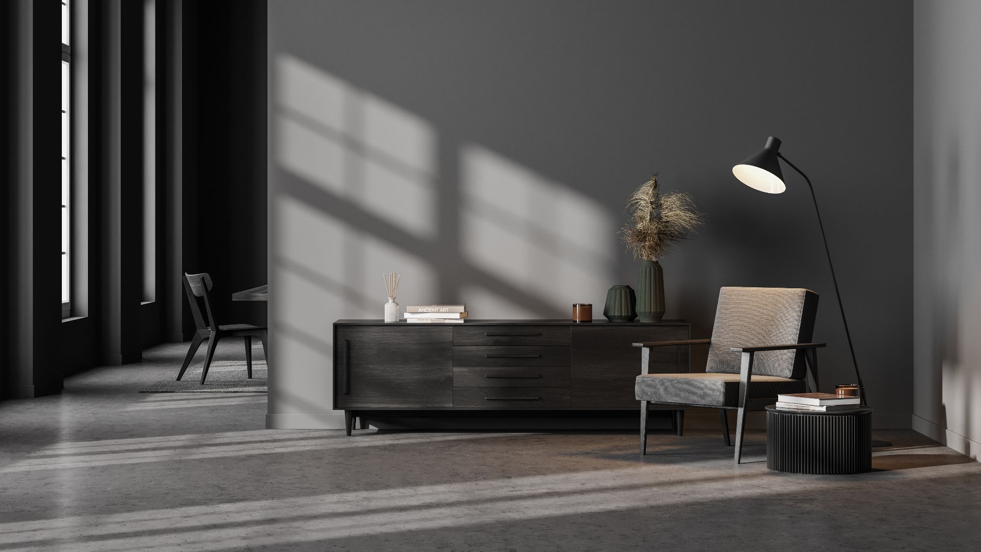 Dark contemporary waiting room interior with wooden sideboard