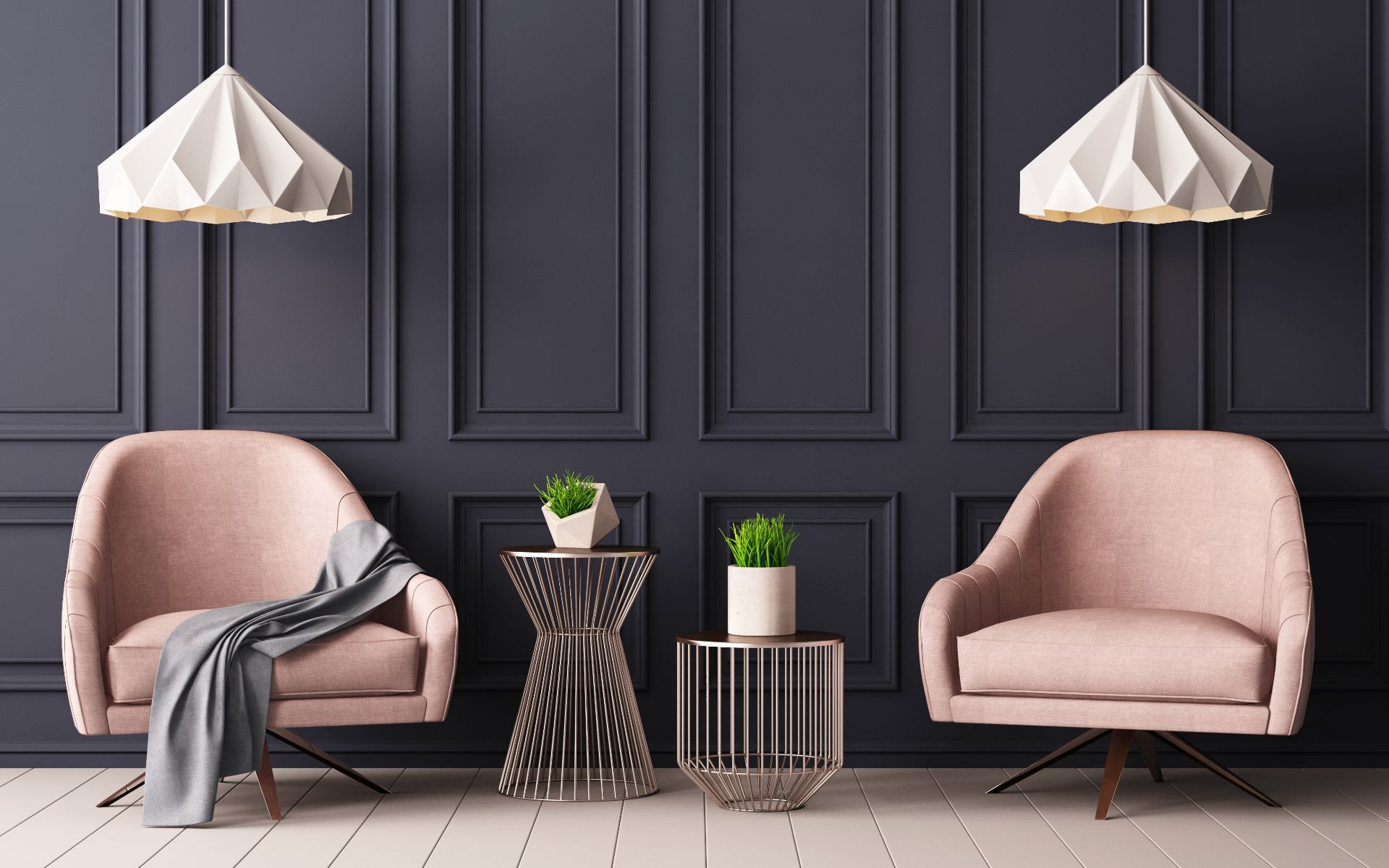 Pastel interior in classic style with soft armchairs and lamps