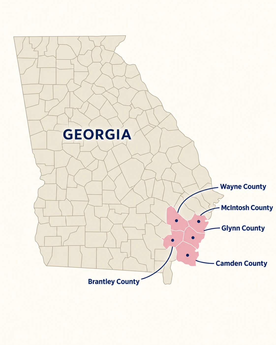 Georgia map highlighting Glynn, McIntosh, Brantley, Wayne and Camden counties in blush pink