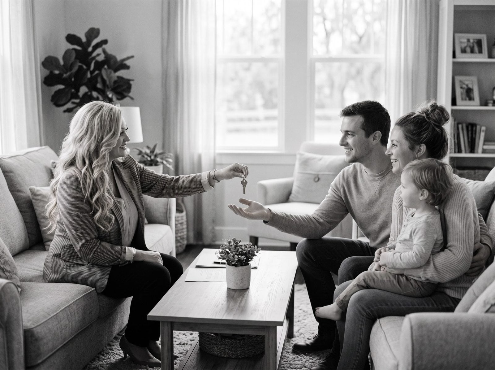 A real estate professional handing a house key to a family.
