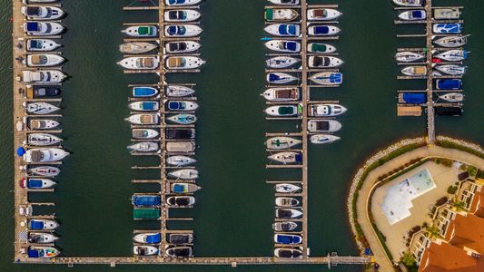Top down shot of colorful docked boats, Lake Norman, Cornelius, NC