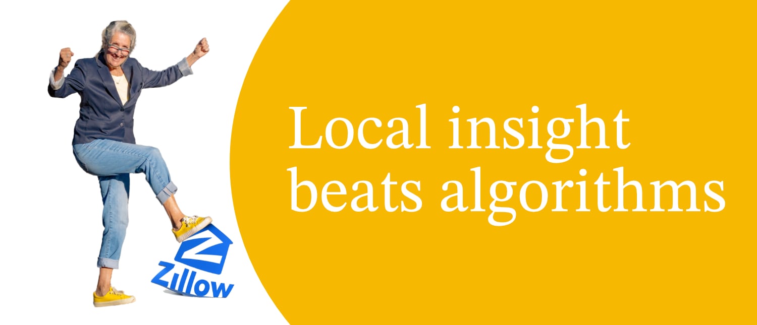 April Ralph stomps on a Zillow logo to highlight how she sold a neighbor’s Angel Fire home for over $500,000 above the Zestimate.