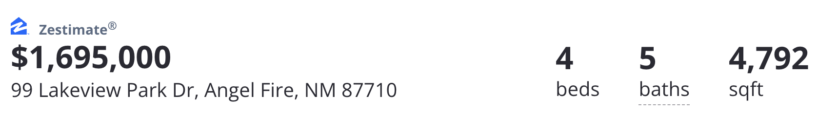 Zillow Zestimate screenshot showing 99 Lakeview Park Drive, Angel Fire, NM, updated to $1,695,000 after the home sold.