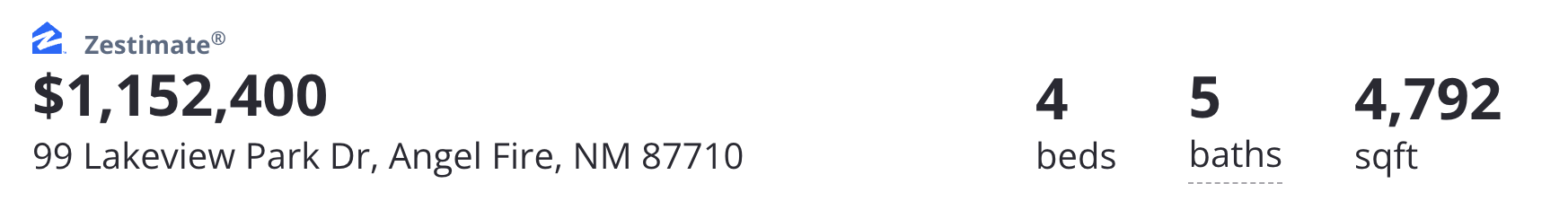 Zillow Zestimate screenshot showing 99 Lakeview Park Drive, Angel Fire, NM, estimated at $1,152,400 before the sale.