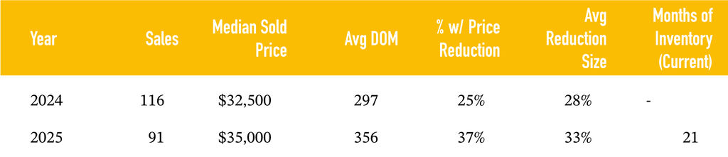 Angel Fire land market data comparing 2024 and 2025 sales, prices, days on market, price reductions, and inventory