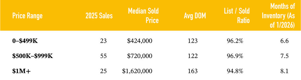 Angel Fire single-family home price breakdown showing 2025 sales, median prices, days on market, and inventory by price range