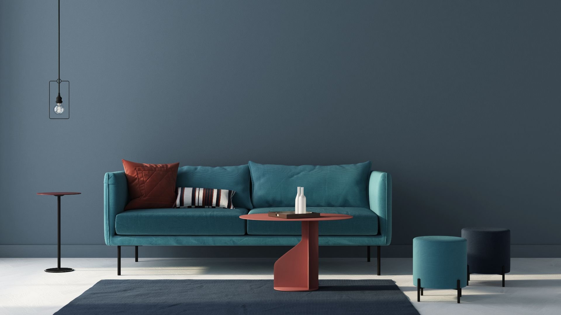 Interior of the living room in blue with a sofa