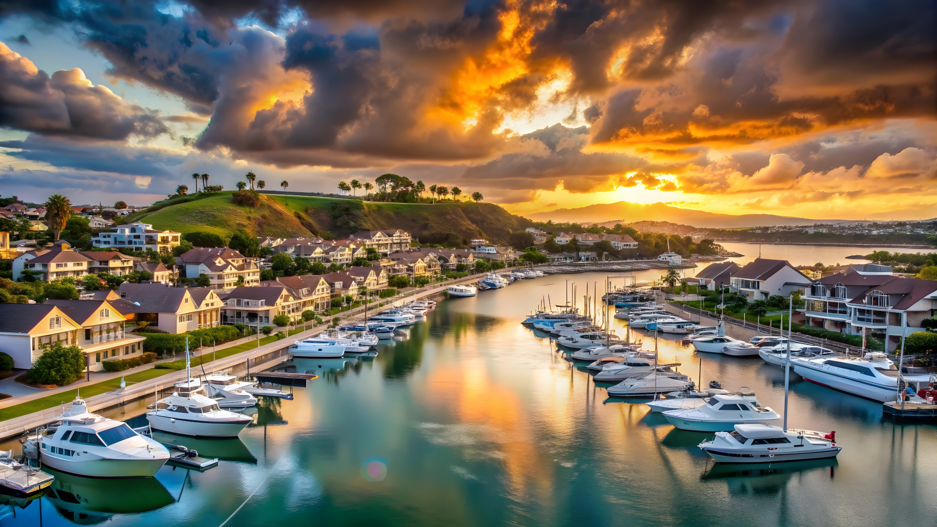Sunset over luxury homes, yachts, and boats in Dana Point harbor