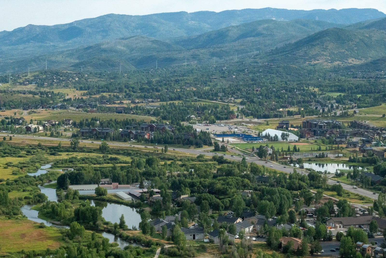 Aerial view of a mountain town in the Yampa Valley