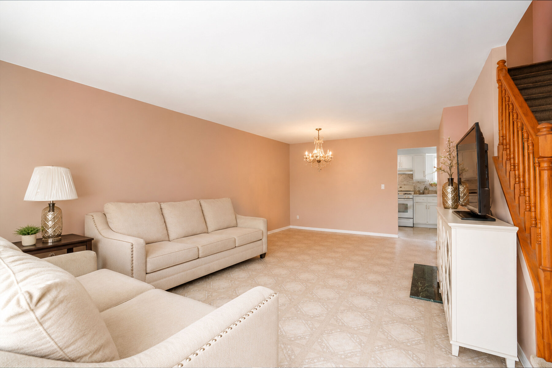 29 Wood Court Living Room With Chandelier
