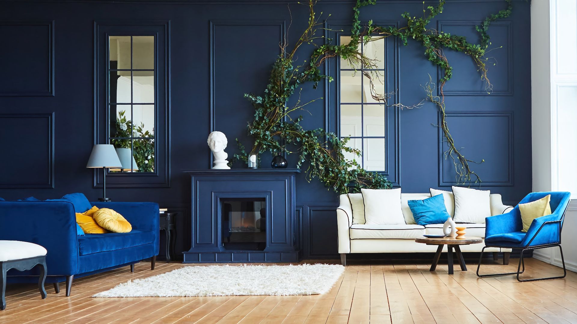 Loft-style interior design, blue and white colors