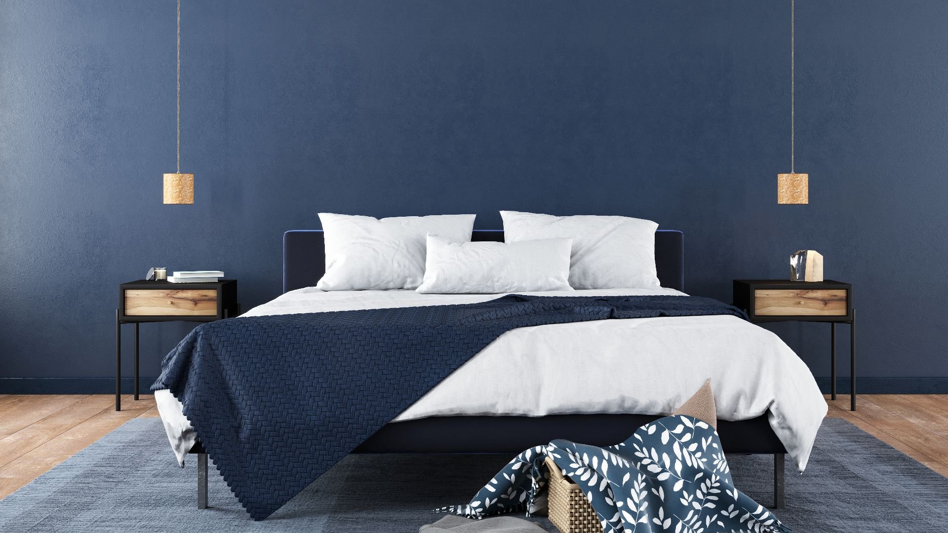 Modern bedroom interior with a stylish combination of trendy blue and light wood texture
