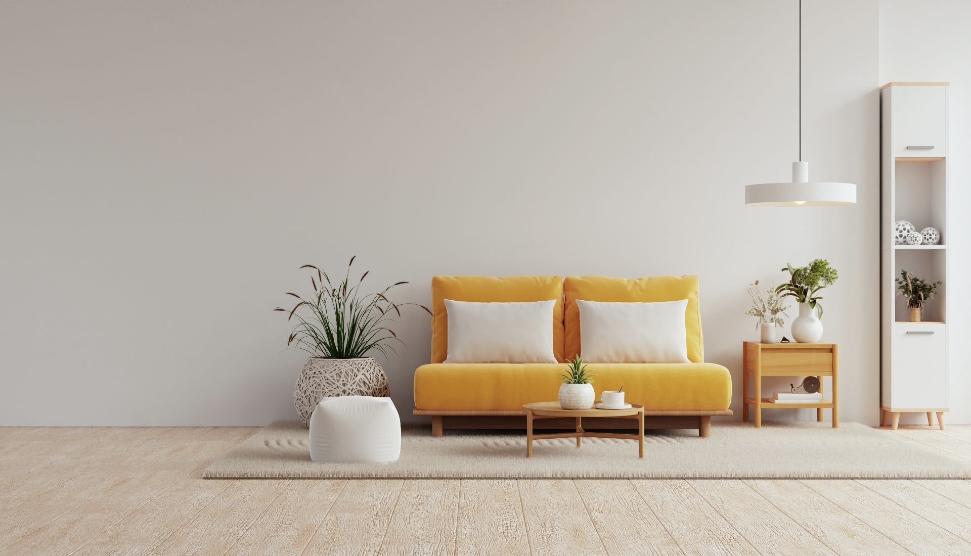 cozy living room features a yellow couch.