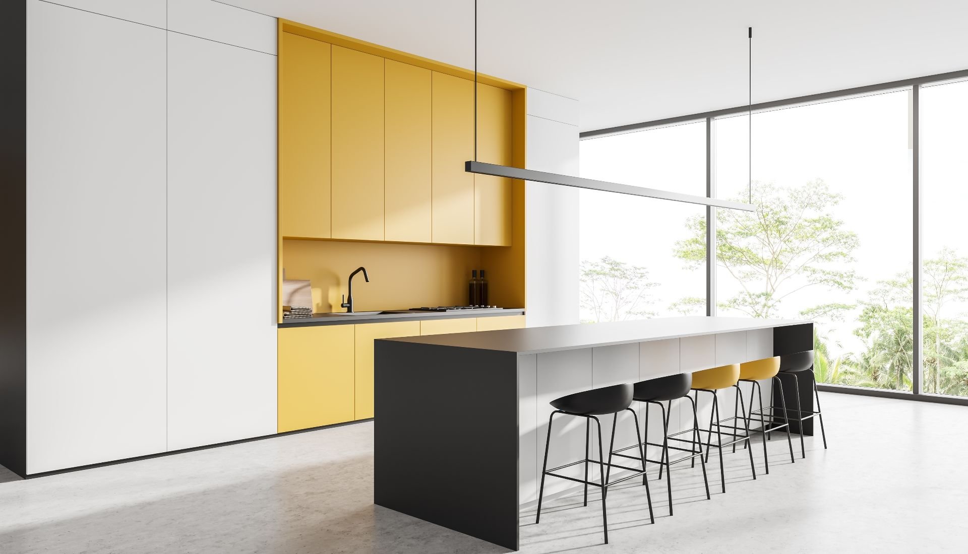 hite kitchen interior with bar chairs.