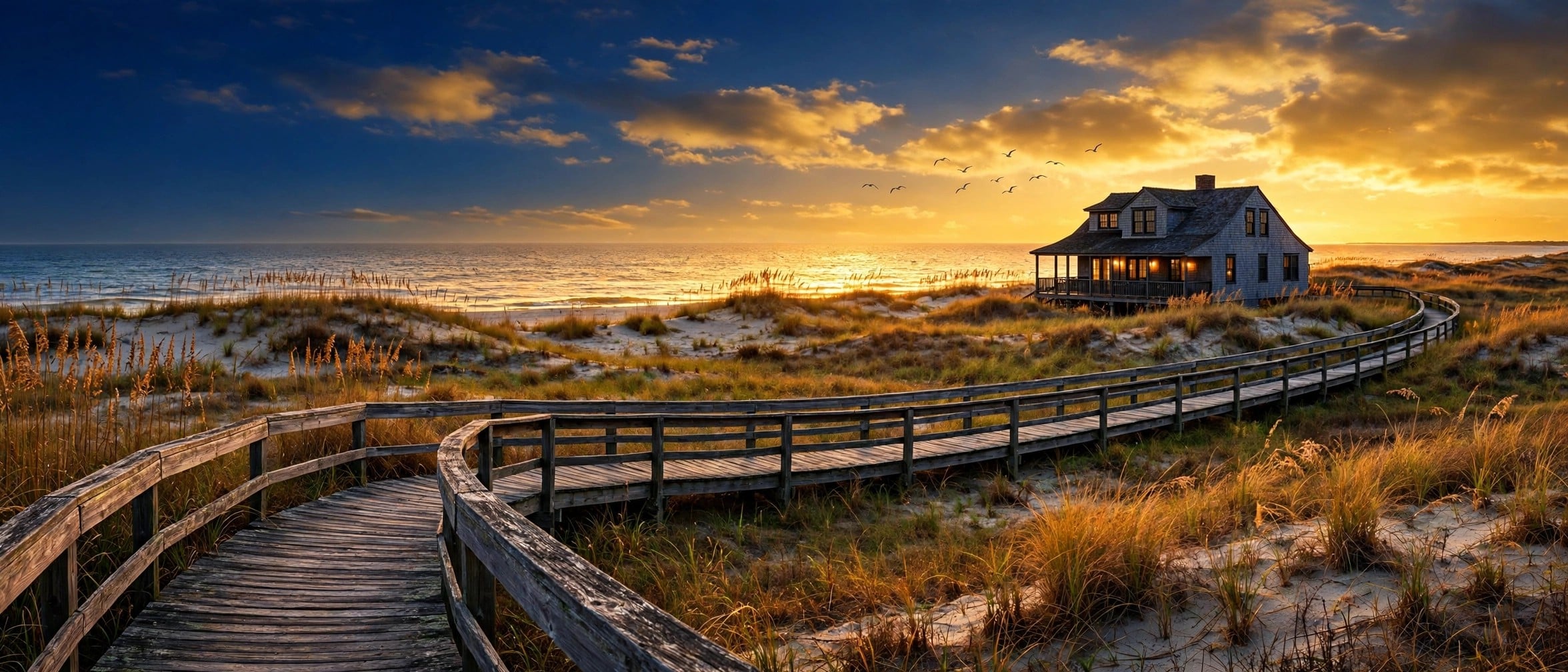 Outer Banks beach house on the dunes at an autumn sunset