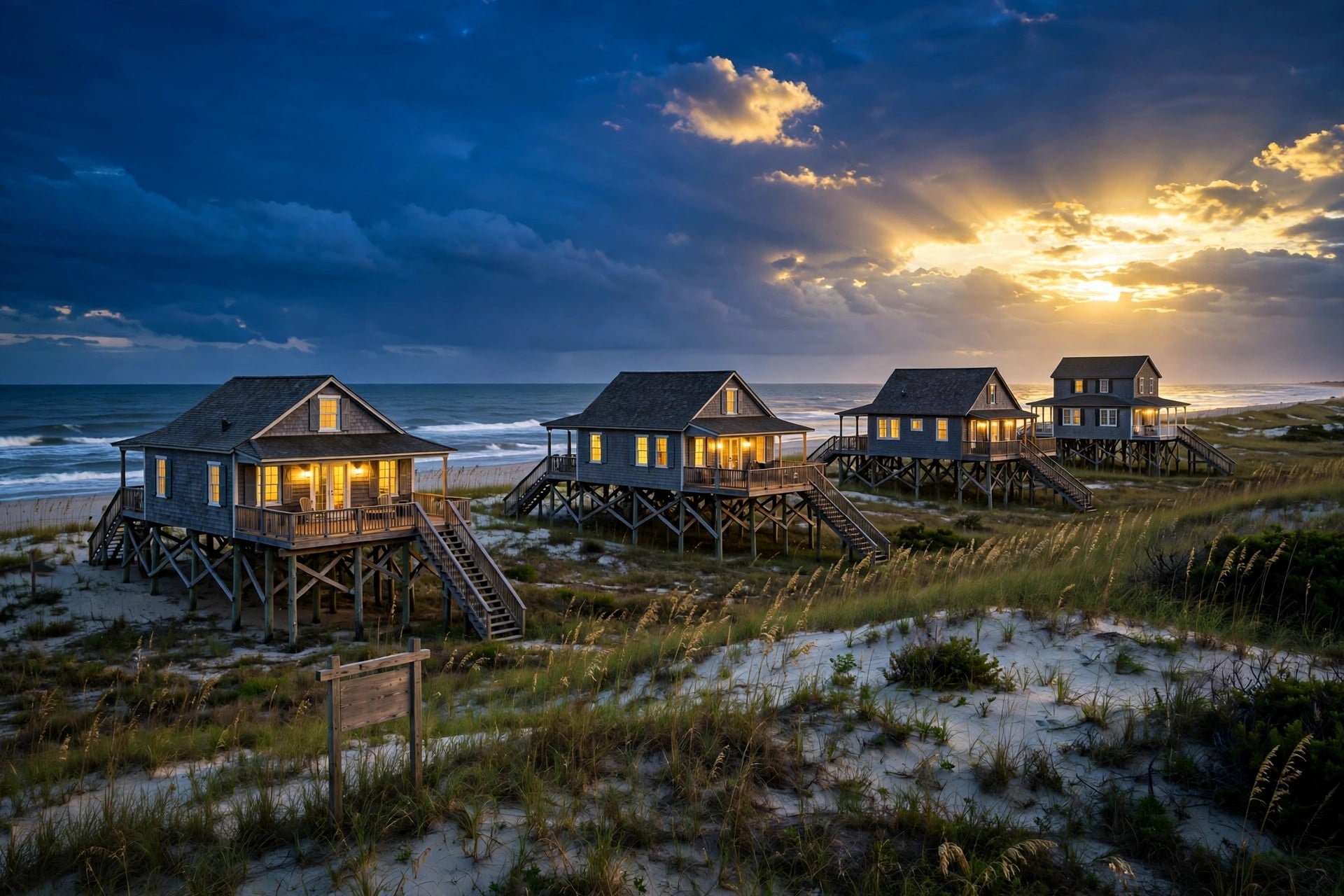 Outer Banks stilt houses at golden hour as September market stats show buyers gaining ground
