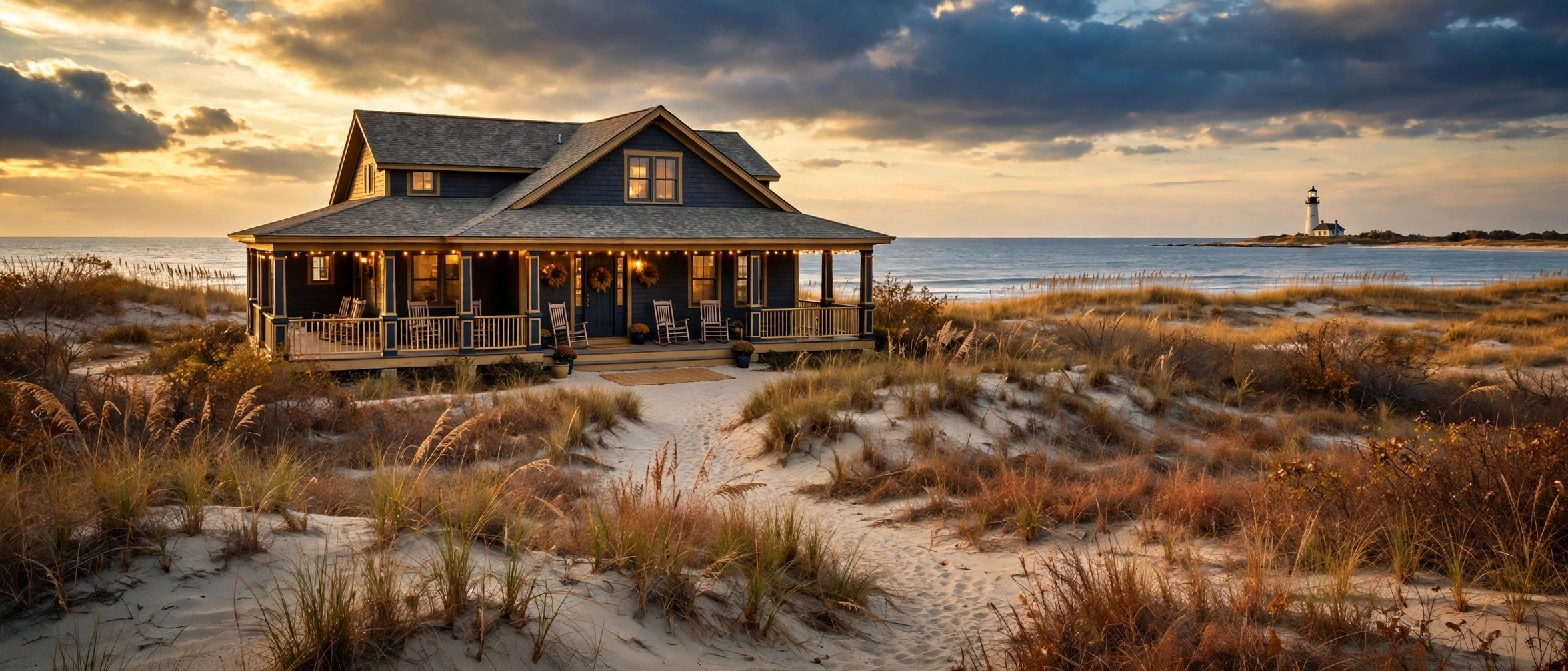 Outer Banks beach house at golden hour with a lighthouse in the distance, ahead of 2027 rental bookings