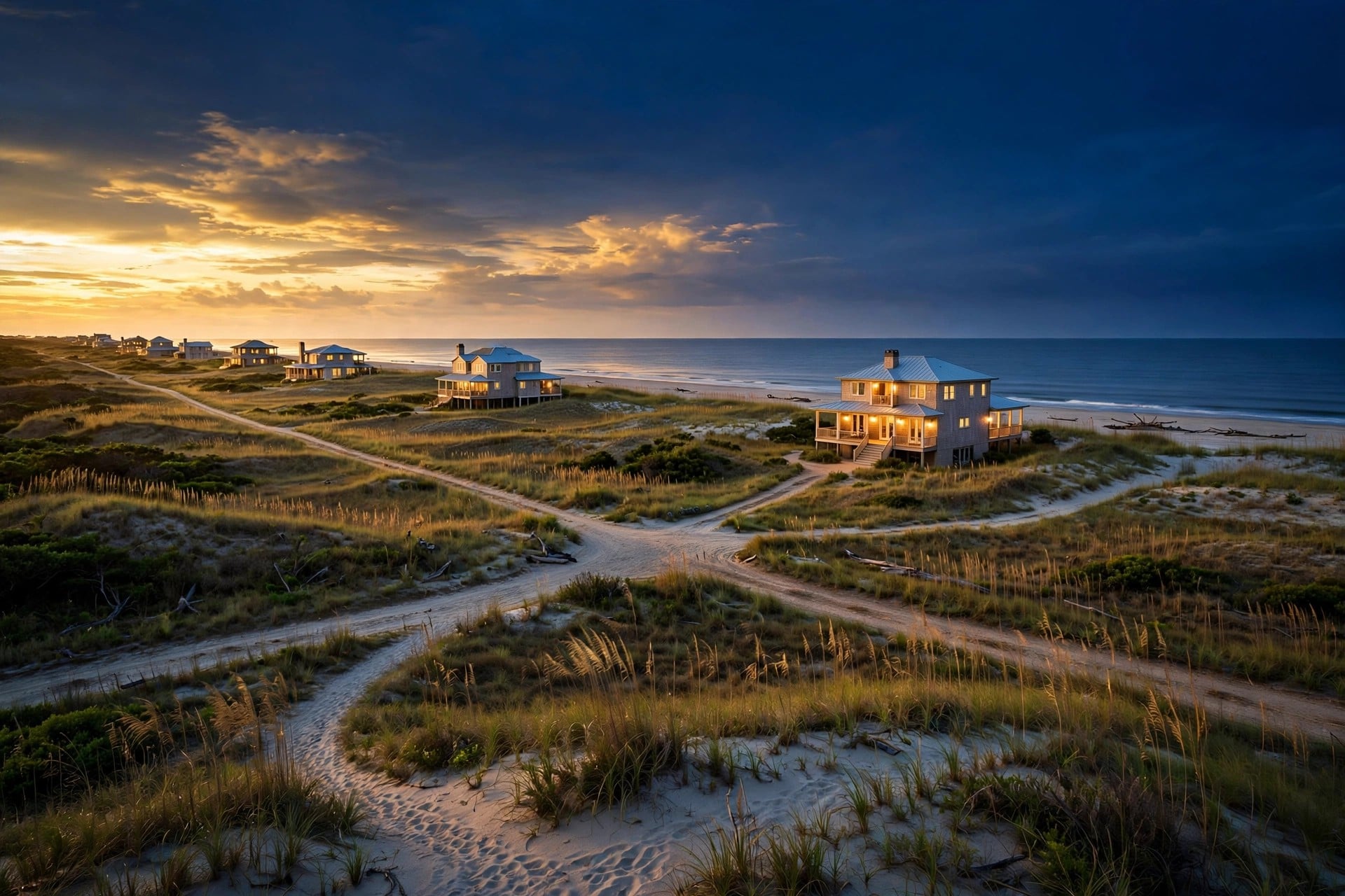 Outer Banks beach houses on the dunes at golden hour as mortgage rates ease to 7.32 percent.