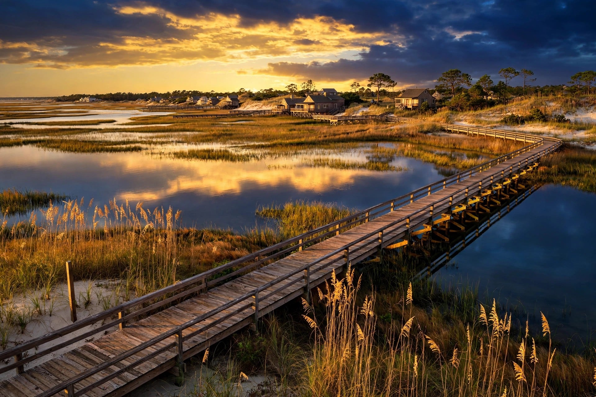 Duck boardwalk over Currituck Sound marsh at golden hour with beach houses on the dunes