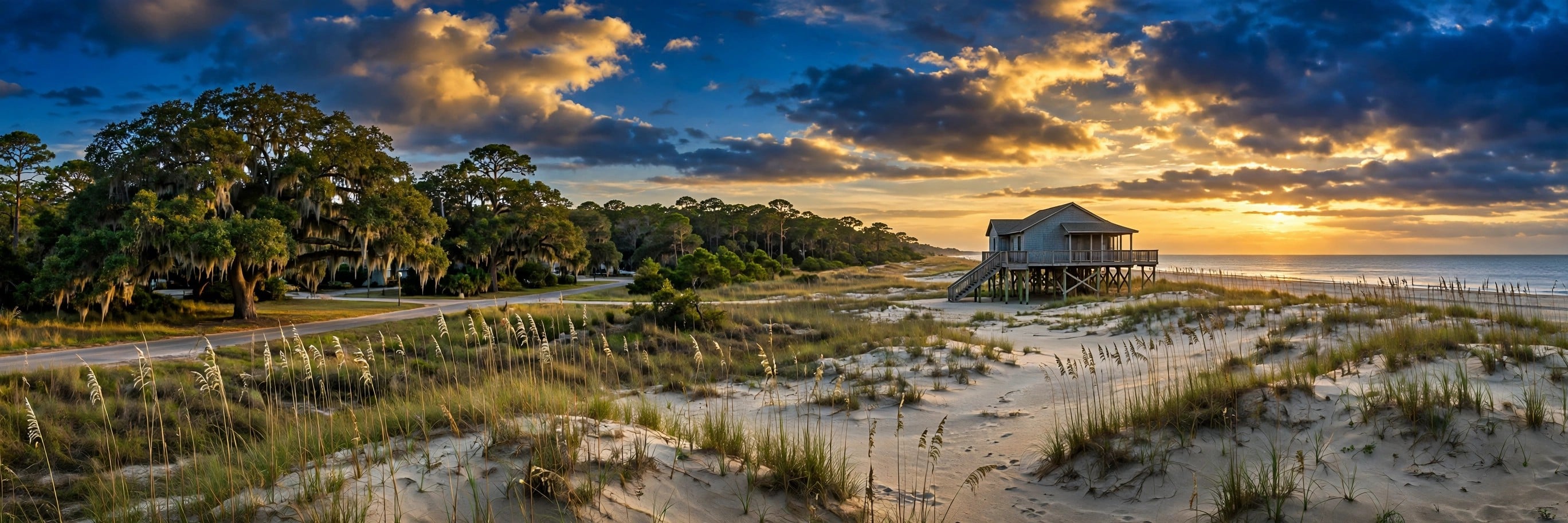 A Kitty Hawk beach house on stilts beside dunes and live oaks at sunset, with the Atlantic Ocean in the background